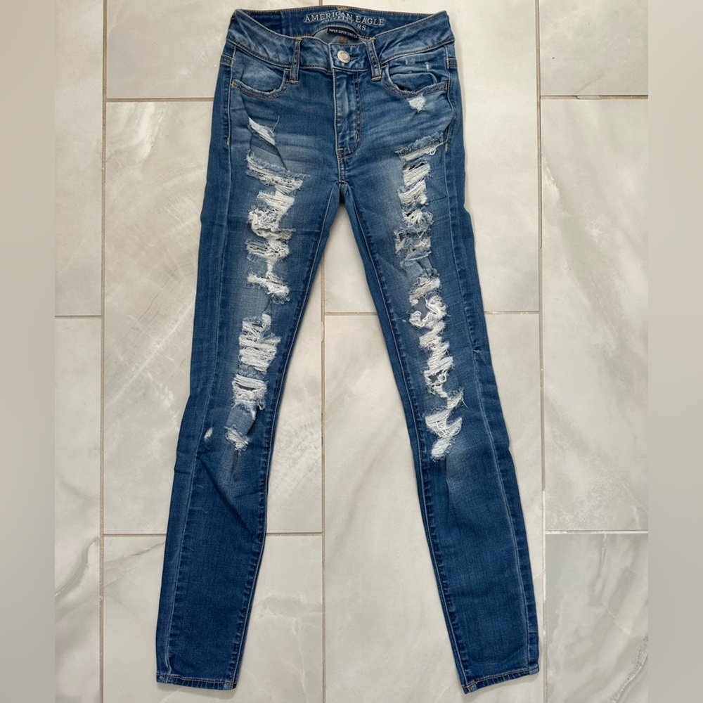 American Eagle Outfitters Ripped / Distressed Blue Skinny Jeans Jeggings
